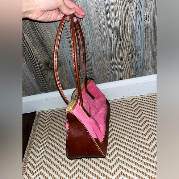 Ann Taylor Y2K brown leather and pink canvas zip top small purse - Picture 4 of 9